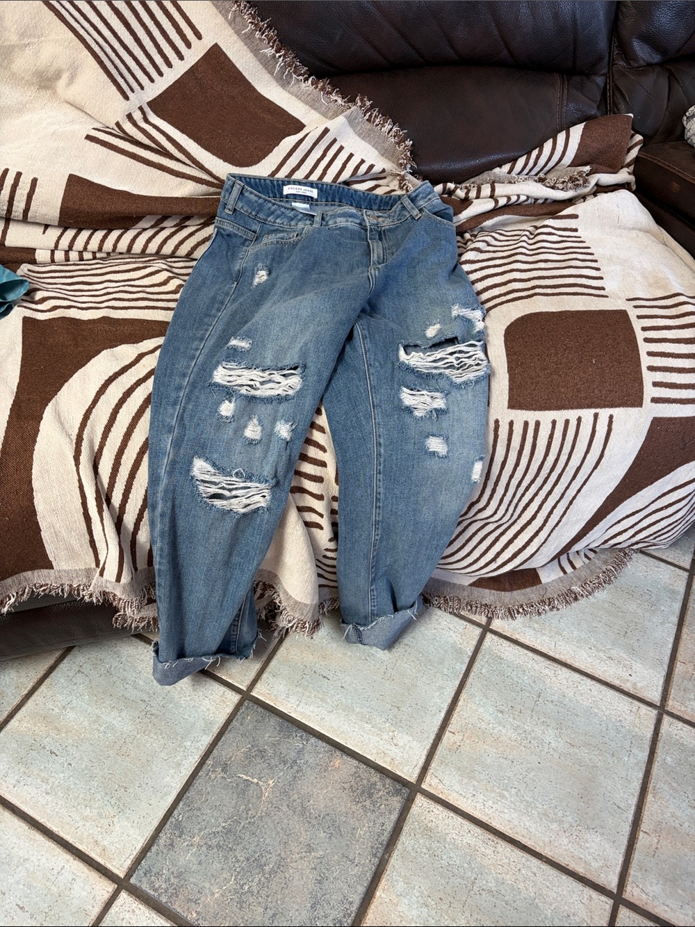 Encore Jeans Women's Distressed Light Blue Boyfriend Jeans